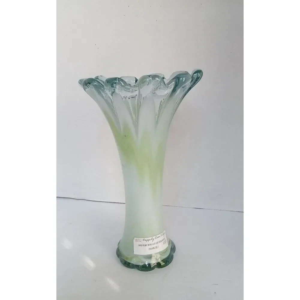 Vintage Art‎ Glass Ruffled Edge Frosted Green Gradient Flower Centerpiece Decor